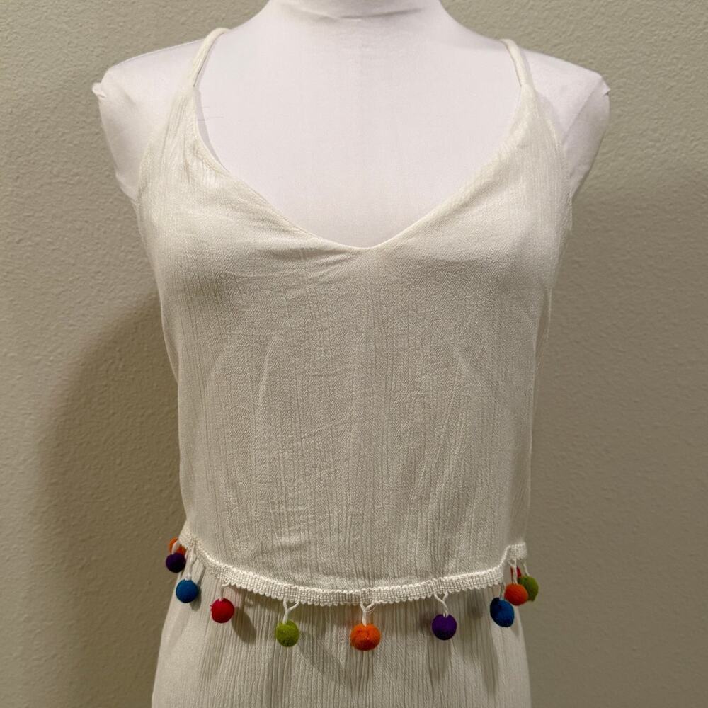Hint of Blush White Maxi Dress XL Colorful Pom Pom Trim Boho Resort Beach Summer - Picture 4 of 8